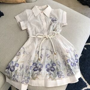 Natura Flip Dress in Linen-Silk blend - White Dress with Purple Floral Print